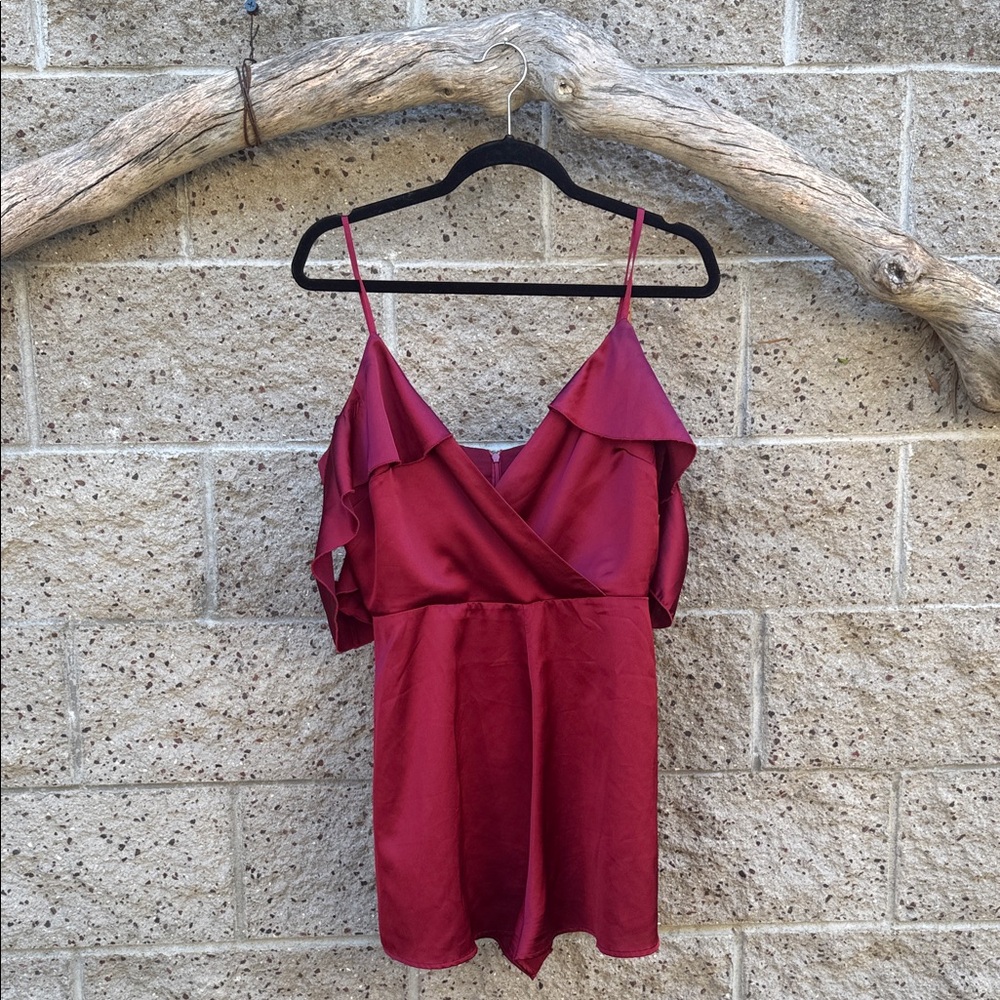Rich Red Burgundy Satin Off The Should Romper